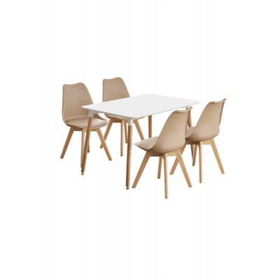 5PCs Dining Set - a White Halo Dining Table & Set of 4 Vanilla Lorenzo Tulip chairs with Padded Seat