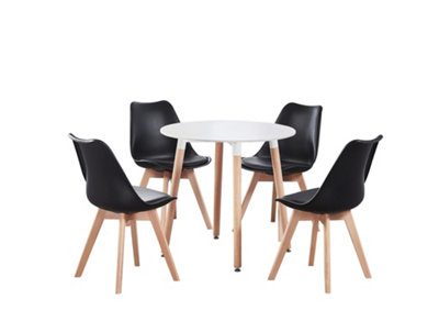 5PCs Dining Set - a White Round Dining Table & Set of 4 Black Lorenzo Tulip chairs with Padded Seat