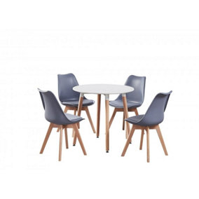 5PCs Dining Set - a White Round Dining Table & Set of 4 Grey Lorenzo Tulip chairs with Padded Seat