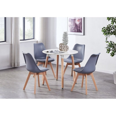 5PCs Dining Set - a White Round Dining Table & Set of 4 Grey Lorenzo Tulip chairs with Padded Seat