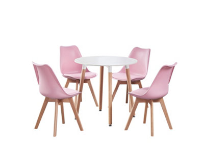 5PCs Dining Set - a White Round Dining Table & Set of 4 Pink Lorenzo Tulip chairs with Padded Seat