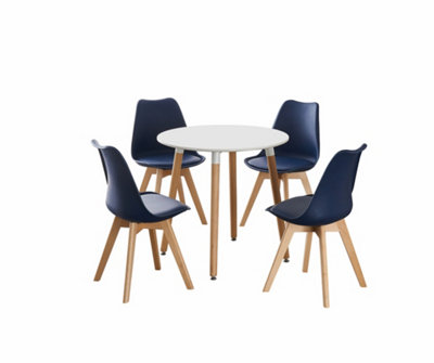 5PCs Dining Set - a White Round Dining Table & Set of 4 Royal blue Lorenzo Tulip chairs with Padded Seat