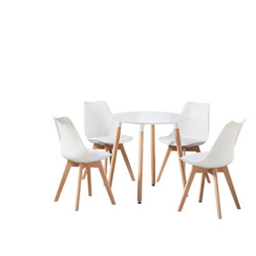 5PCs Dining Set - a White Round Dining Table & Set of 4 White Lorenzo Tulip chairs with Padded Seat