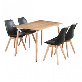 5PCs Dining Set - an Oak Halo Dining Table & Set of 4 Black Lorenzo Tulip chairs with Padded Seat