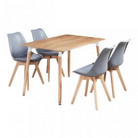 5PCs Dining Set - an Oak Halo Dining Table & Set of 4 Grey Lorenzo Tulip chairs with Padded Seat