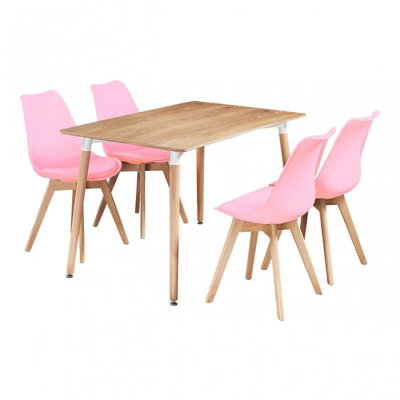 5PCs Dining Set - an Oak Halo Dining Table & Set of 4 Pink Lorenzo Tulip chairs with Padded Seat