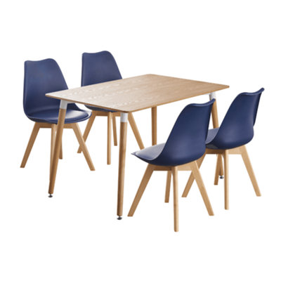 5PCs Dining Set - an Oak Halo Dining Table & Set of 4 Royal Blue Lorenzo Tulip chairs with Padded Seat