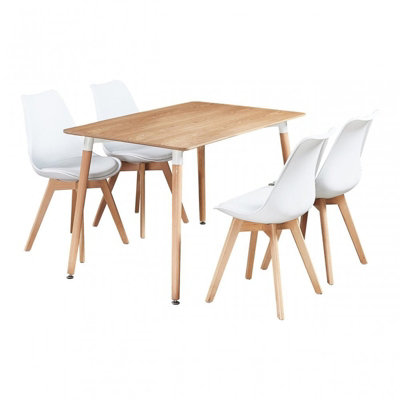 5PCs Dining Set - an Oak Halo Dining Table & Set of 4 White Lorenzo Tulip chairs with Padded Seat