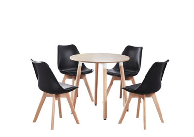 5PCs Dining Set - an Oak Round Dining Table & Set of 4 Black Lorenzo Tulip chairs with Padded Seat