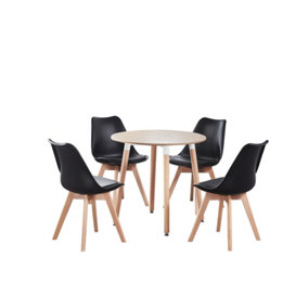 5PCs Dining Set - an Oak Round Dining Table & Set of 4 Black Lorenzo Tulip chairs with Padded Seat
