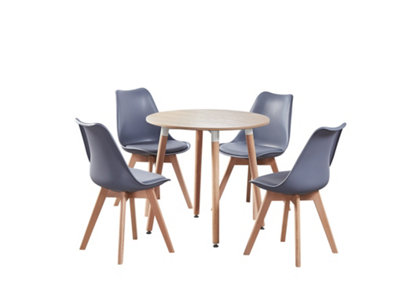 5PCs Dining Set - an Oak Round Dining Table & Set of 4 Grey Lorenzo Tulip Chairs with Padded Seat