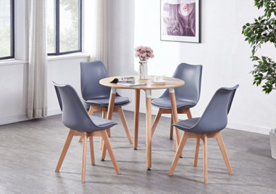 5PCs Dining Set - an Oak Round Dining Table & Set of 4 Grey Lorenzo Tulip Chairs with Padded Seat