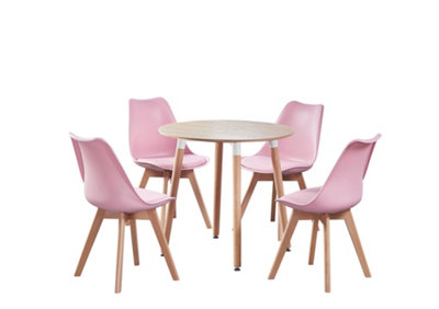 5PCs Dining Set - an Oak Round Dining Table & Set of 4 Pink Lorenzo Tulip chairs with Padded Seat