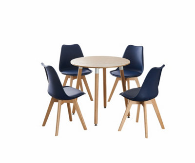 5PCs Dining Set - an Oak Round Dining Table & Set of 4 Royal Blue Lorenzo Tulip chairs with Padded Seat