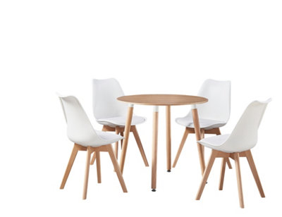 5PCs Dining Set - an Oak Round Dining Table & Set of 4 White Lorenzo Tulip chairs with Padded Seat