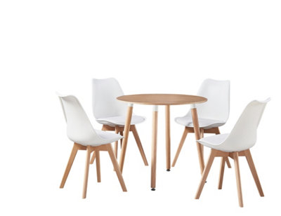 5PCs Dining Set - an Oak Round Dining Table & Set of 4 White Lorenzo ...