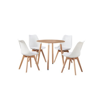 5PCs Dining Set - an Oak Round Dining Table & Set of 4 White Lorenzo Tulip chairs with Padded Seat