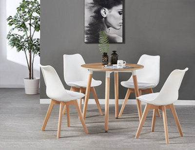 5PCs Dining Set - an Oak Round Dining Table & Set of 4 White Lorenzo Tulip chairs with Padded Seat