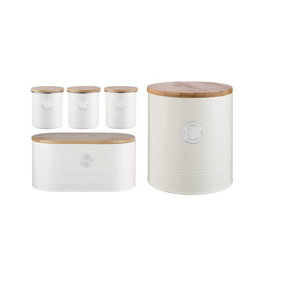 5pcs Non-Rust Tea Coffee Sugar Cookie & Bread Bin Embossed Design Kitchen Storage Set Airtight Bamboo Lid Gloss Finish Ivory Cream