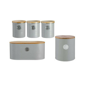 5pcs Non-Rust Tea Coffee Sugar Cookie & Bread Bin Embossed Design Kitchen Storage Set with Airtight Bamboo Lid Gloss Finish Grey