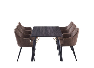 5PCs Zarah Cosmo Dining Table Set w/ a Black Dining Table & 6 Dark Brown Faux Leather Dining Chairs for Dining Room