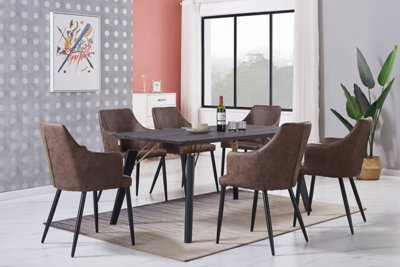 5PCs Zarah Cosmo Dining Table Set w/ a Black Dining Table & 6 Dark Brown Faux Leather Dining Chairs for Dining Room