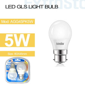 5W LED Ball Bulb B22, 3000K, Pack of 2, Clampshell
