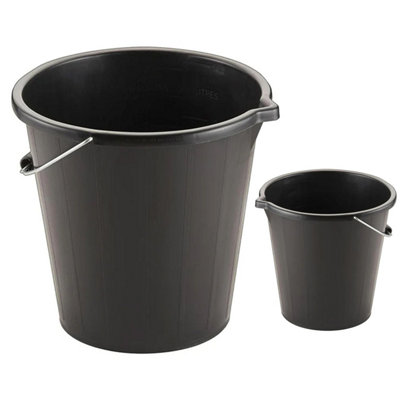 5x 14 Litre Black Plastic Strong Robust 3 Gallon Water Mixing Cement Bucket With Metal Handle