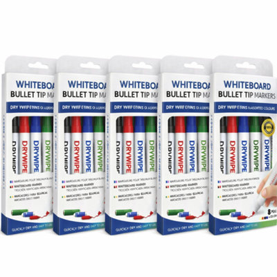 5x 8 Pack Whiteboard Markers Bullet Tip Dry Wipe Pens Assorted Colors ...