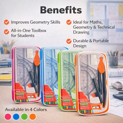 5x 8 Piece Maths Geometry Set with Compass and Protractor Clear Case ...