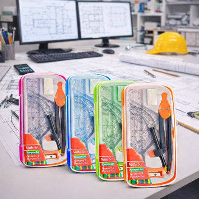 5x 8 Piece Maths Geometry Set with Compass and Protractor Clear Case ...