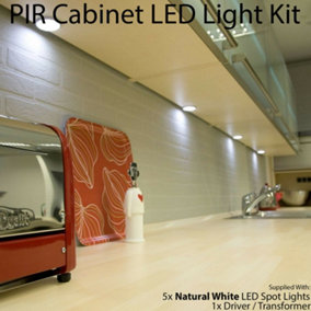 5x ALUMINIUM Ultra-Slim Round Under Cabinet Kitchen Light & Driver Kit - AUTO ON / OFF PIR - Natural White LED