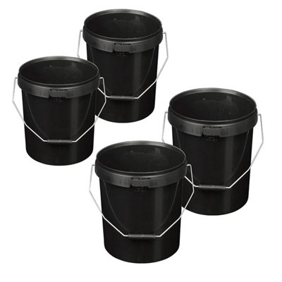 5x Black Strong 25L Hard Wearing Plastic Buckets With Tamper Evident Lids & Handles