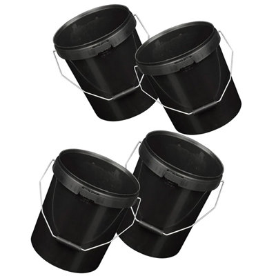 5x Black Strong 25L Hard Wearing Plastic Buckets With Tamper Evident Lids & Handles
