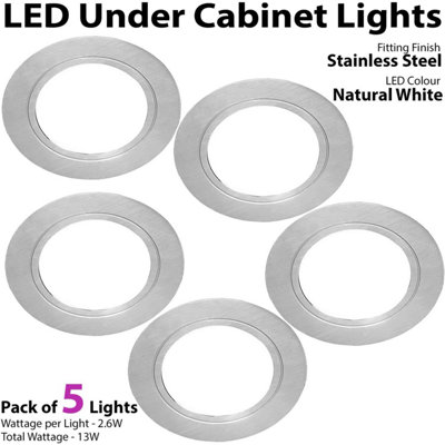 5x BRUSHED NICKEL Round Flush Under Cabinet Kitchen Light & Driver Kit - Natural White LED