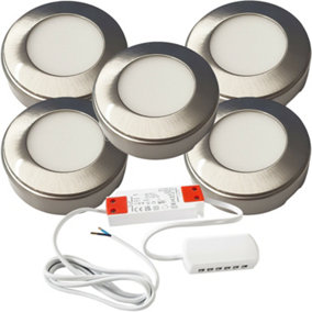5x BRUSHED NICKEL Round Surface or Flush Under Cabinet Kitchen Light & Driver Kit - Natural White LED