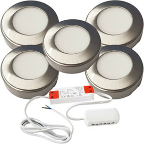 5x BRUSHED NICKEL Round Surface or Flush Under Cabinet Kitchen Light & Driver Kit - Warm White LED