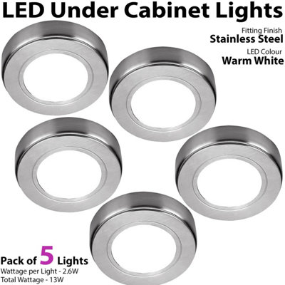 5x BRUSHED NICKEL Round Surface or Flush Under Cabinet Kitchen Light & Driver Kit - Warm White LED