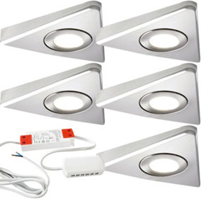 5x BRUSHED NICKEL Triangle Surface Under Cabinet Kitchen Light & Driver Kit - Natural White LED