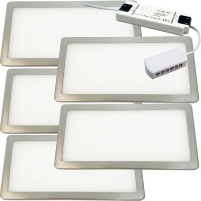 5x BRUSHED NICKEL Ultra-Slim Rectangle Under Cabinet Kitchen Light & Driver Kit - Warm White Diffused LED