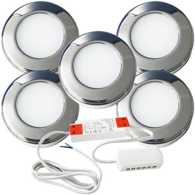 5x CHROME Round Surface or Flush Under Cabinet Kitchen Light & Driver ...