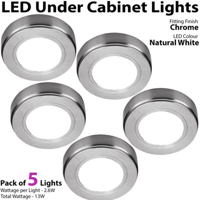 5x CHROME Round Surface or Flush Under Cabinet Kitchen Light & Driver Kit - Natural White LED