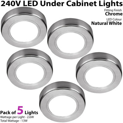 5x CHROME Round Surface or Flush Under Cabinet Kitchen Light Kit - 240V Mains Powered - Natural White LED