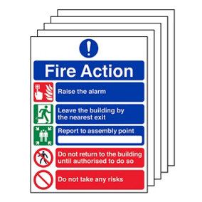 5x FIRE ACTION Safety Sign 5 Point Message Risks Adhesive - 150x200mm