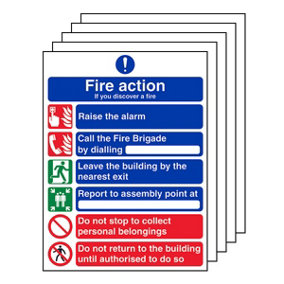 5x FIRE ACTION Safety Sign - 6 Point Message GitD Plastic - 150x200mm