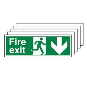 5x FIRE EXIT Safety Sign Arrow Down  - 1mm Rigid Plastic - 600x200mm