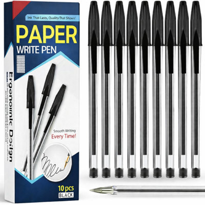 5x Pack of 10 Black Ballpoint Pens Medium Tip Smooth Writing Long ...