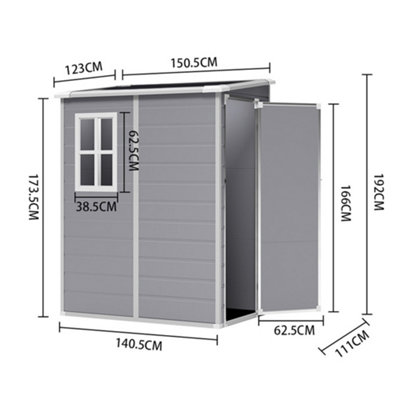 5x4 ft Waterproof Apex Roof Outdoor Plastic Shed Garden Storage Shed Tool Shed, Grey