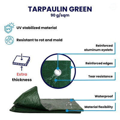 5x5m Green Heavy Duty Tarpaulin Sheet Waterproof & Reinforced 90gsm
