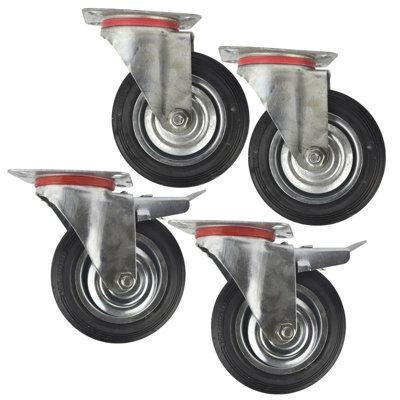 6" (150mm) Rubber Swivel and Swivel With Brake Castor Wheel (4 Pack)
